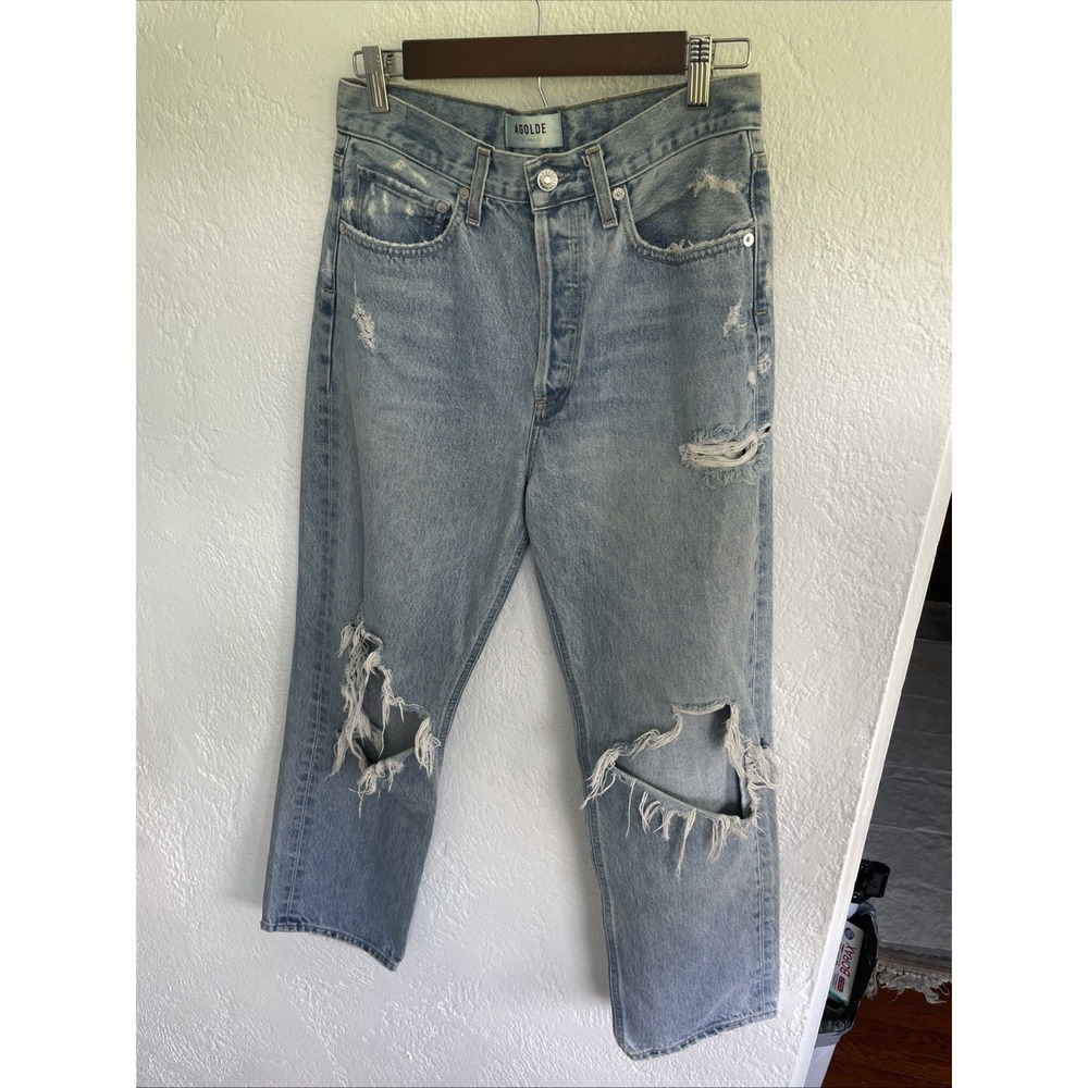 Agolde 90s Mid Rise Distressed Pinch Waist Button Straight Jeans Womens Size 27